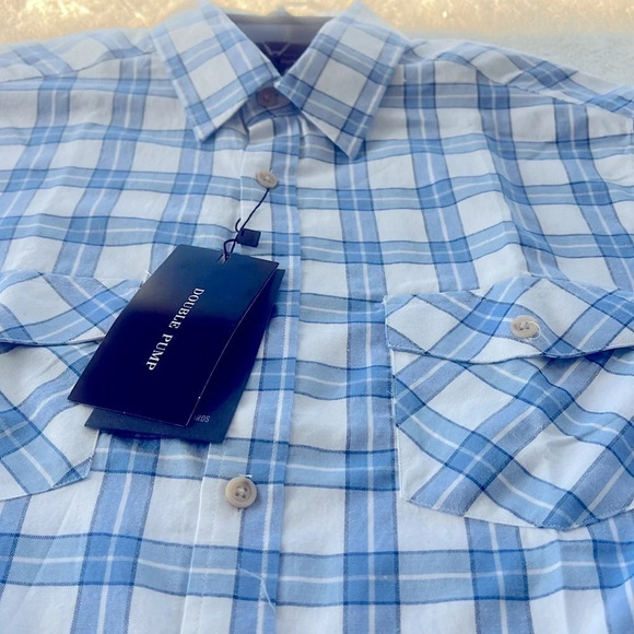Double Pump Sz M Blue & White Plaid Western Button up NWT Timeless Smart Shirt - Picture 13 of 16
